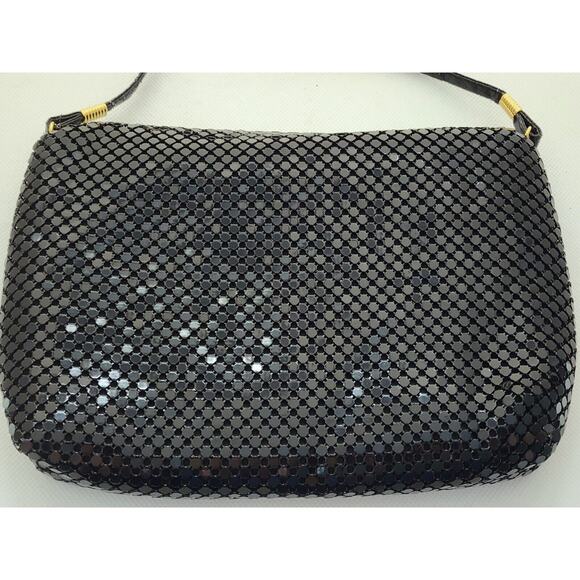 PURSE-HANDBAG-CLUTCH-Black Mesh-Shoulder Strap-Snap Closure-Shiny - Picture 4 of 11